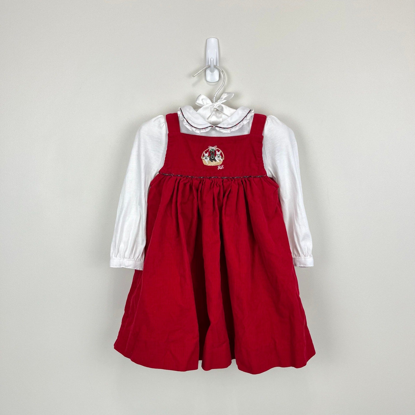 Ralph Lauren Red Corduroy Puppy Basket Ruffle Collar Dress Set 12 Months