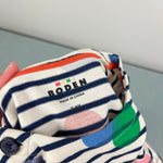 Load image into Gallery viewer, Mini Boden Fun Breton Dress Ivory Navy Stripe Rainbow Polka Dots 7-8 NWOT
