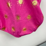 Load image into Gallery viewer, Mini Boden One Shoulder Swimsuit Tickled Pink Gold Foil Suns 9-10
