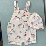 Load image into Gallery viewer, Mayoral Printed Two Piece Dungarees and Sun Hat Set 6-9 Months
