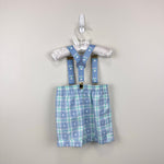 Load image into Gallery viewer, Vintage Blue Green Plaid Teddy Bear Suspender Shorts 18 Months USA
