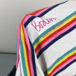Load image into Gallery viewer, Mini Boden Relaxed Crop T-Shirt Rainbow Spaced Stripe 9-10
