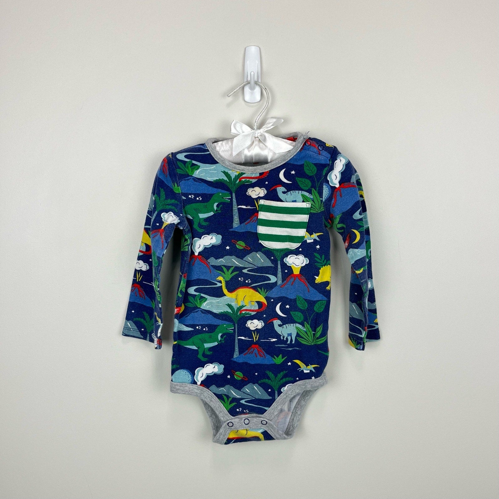 Mini Boden Long Sleeve Bodysuit Starboard Blue Dinos 18-24 Months