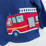 Load image into Gallery viewer, Mini Boden Fire Truck Applique T-Shirt Beacon Blue Fire Engine 6-12 Months
