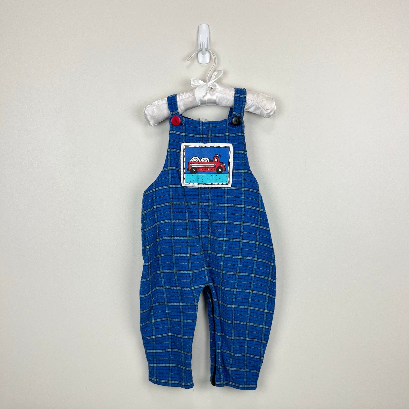 Vintage Mulberry Bush Plaid Firetruck Overalls 12 Months USA