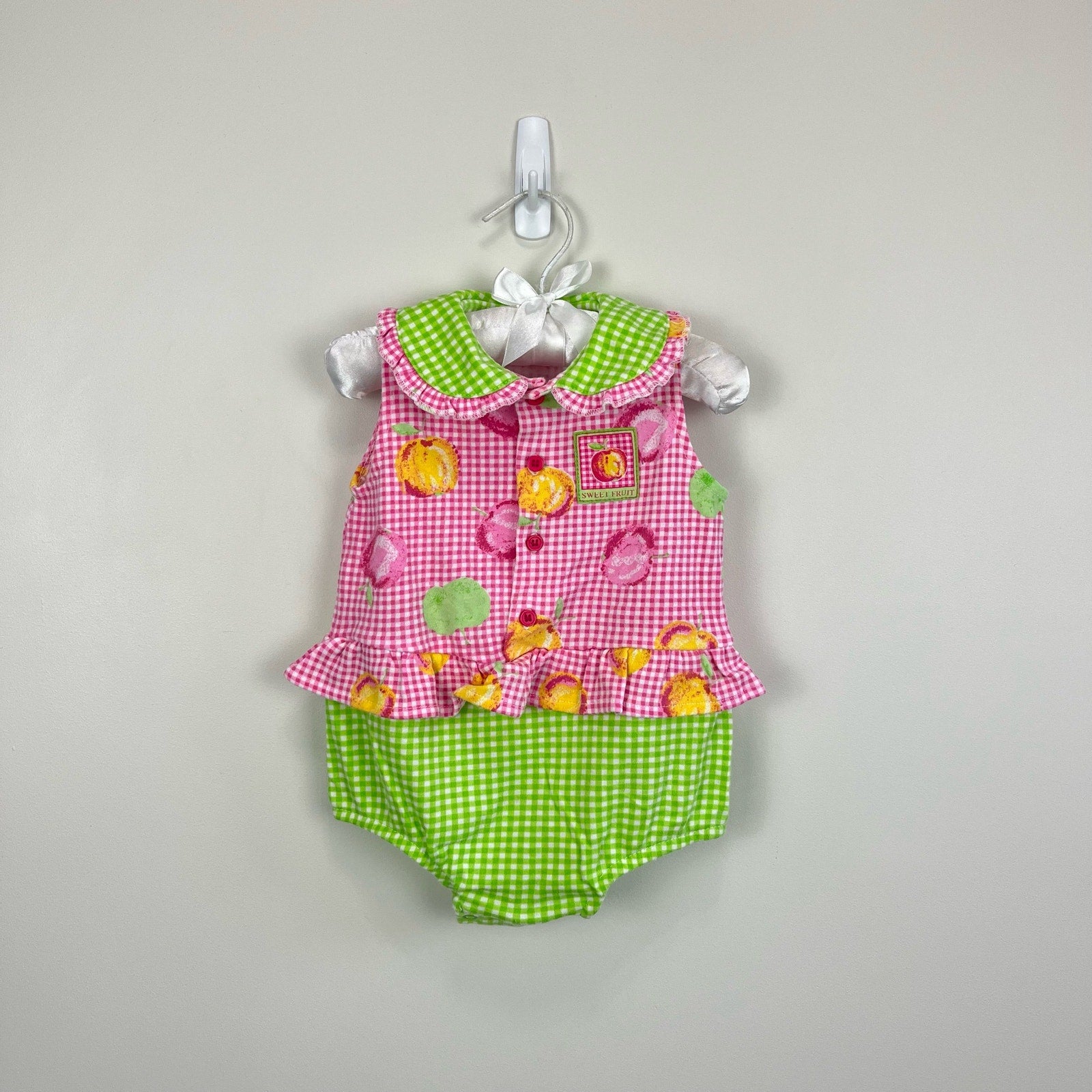 Vintage Small Steps Ruffle Gingham Fruit Romper 6-9 Months