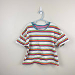 Load image into Gallery viewer, Mini Boden Relaxed Crop T-Shirt Rainbow Spaced Stripe 9-10
