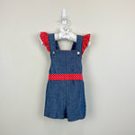 Load image into Gallery viewer, Vintage Blue Red Ruffle Shortalls Romper

