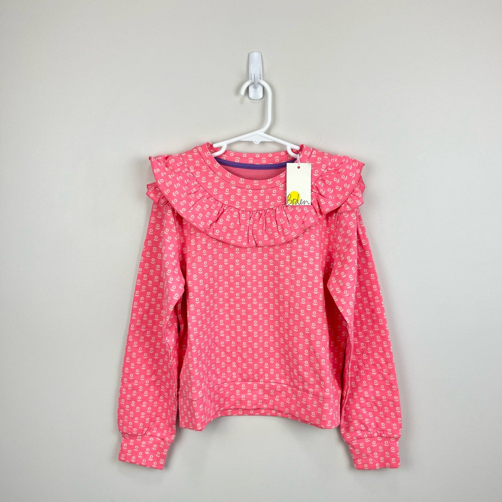 Mini Boden Frill Sweatshirt Crab Apple Pink Floral 9-10 NWT