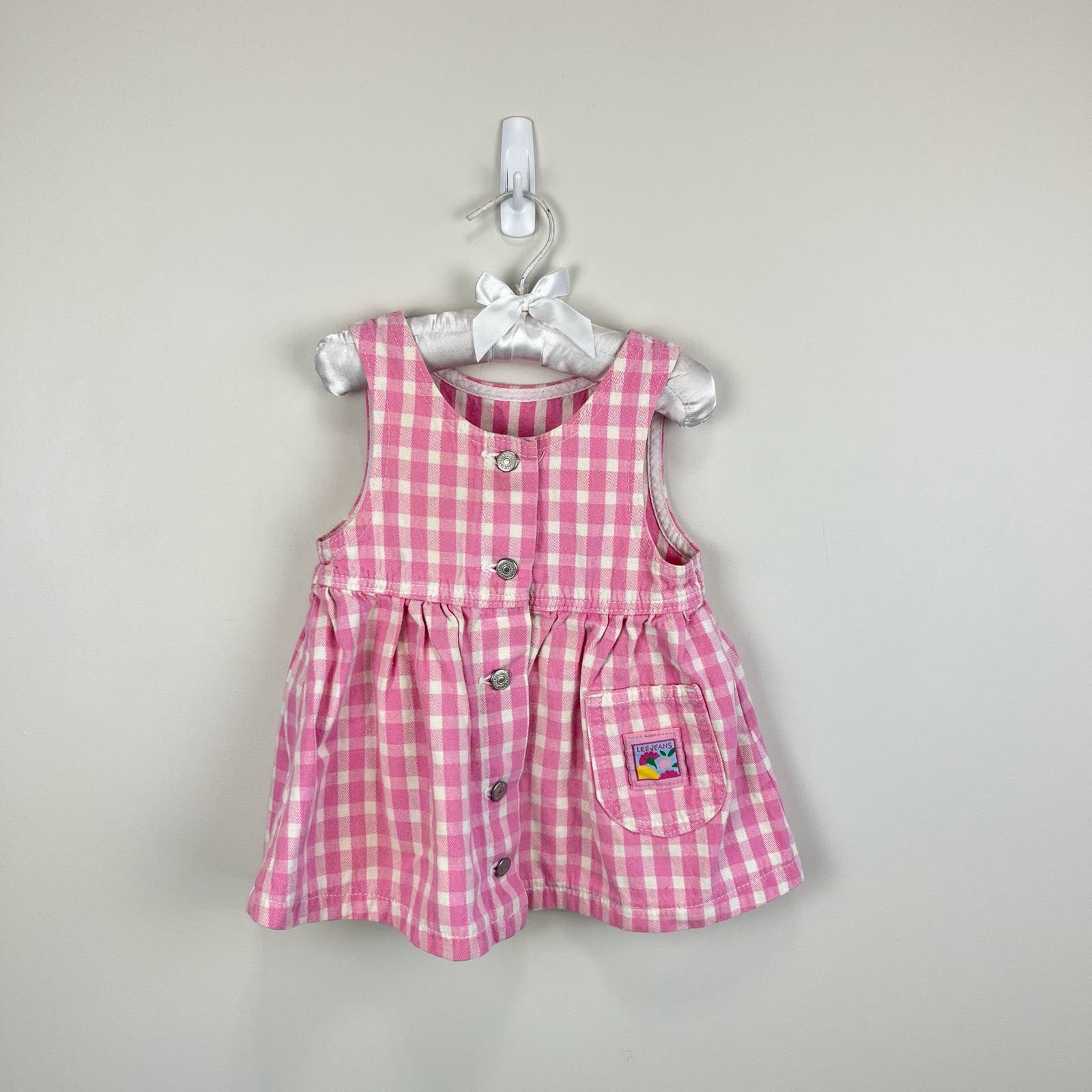 Vintage Lee Pink Gingham Denim Jumper Dress 24 Months USA