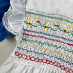 Load image into Gallery viewer, Vintage Hand Smocked by Carousel Blue Pinafore Ruffle Dress 6
