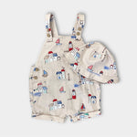 Load image into Gallery viewer, Mayoral Printed Two Piece Dungarees and Sun Hat Set 6-9 Months

