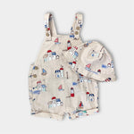Load image into Gallery viewer, Mayoral Printed Two Piece Dungarees and Sun Hat Set 6-9 Months
