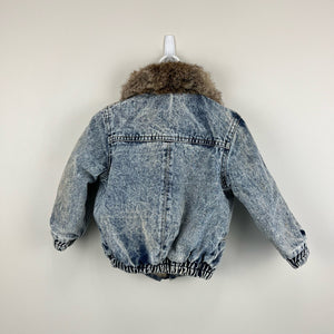 Vintage Fur Lined Acid Wash Denim Bomber Jacket