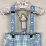 Load image into Gallery viewer, Vintage Blue Green Plaid Teddy Bear Suspender Shorts 18 Months USA
