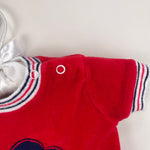 Load image into Gallery viewer, Vintage Doe Spun Red Applique Lion Shortall Romper 3-6 Months

