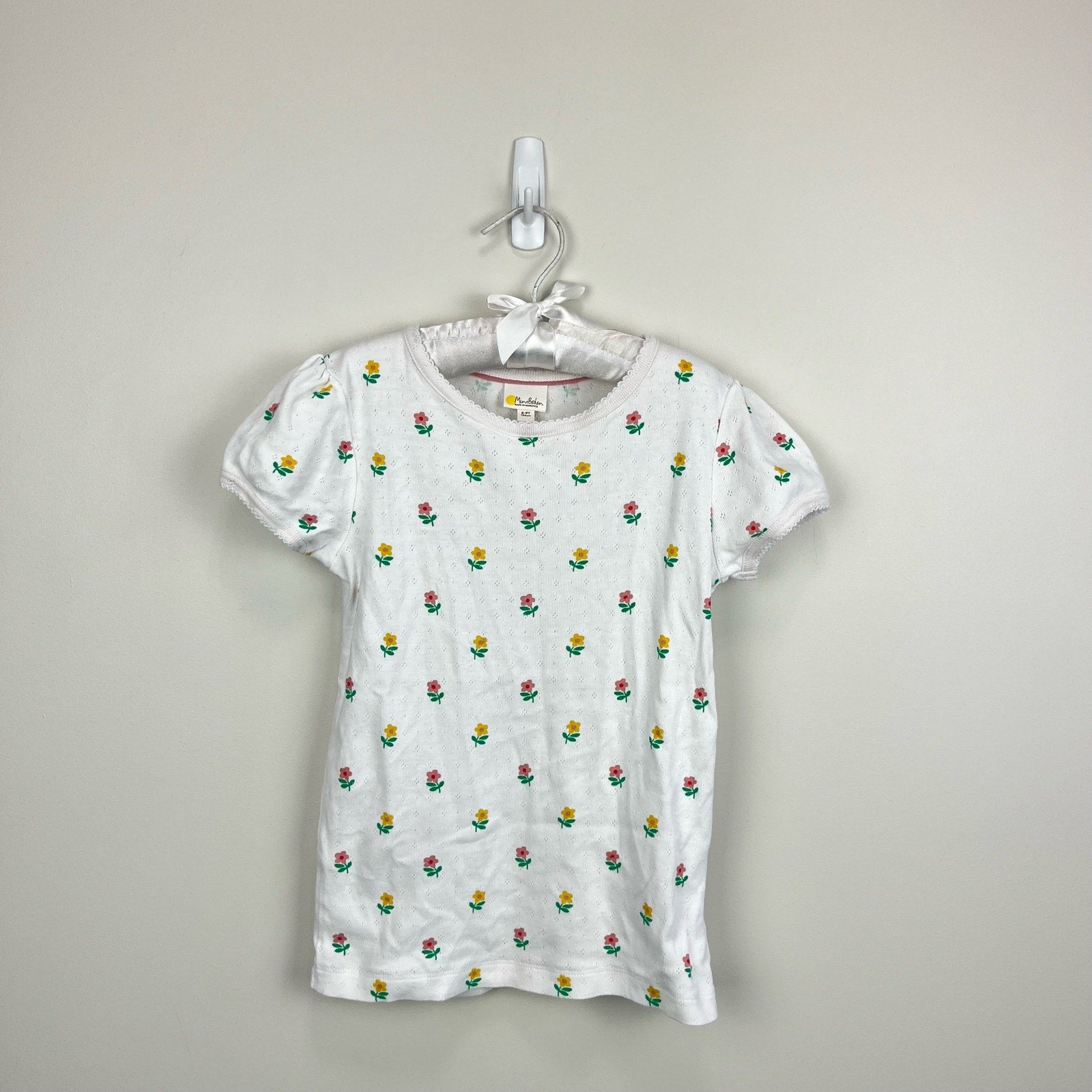 Mini Boden Short Sleeve White Pointelle Top White Flowers 8-9