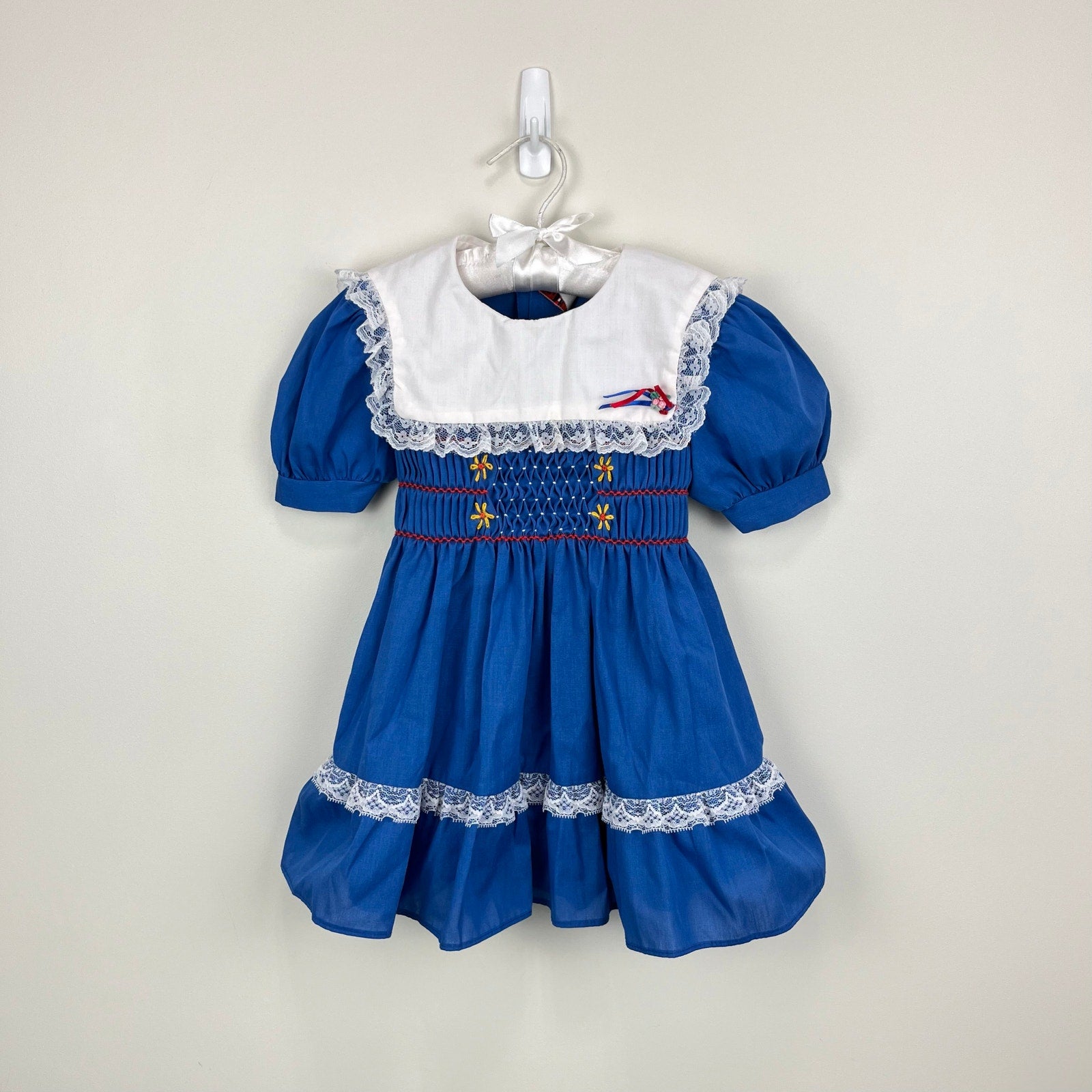 Vintage JM Rags Blue Smocked Ruffle Lace Party Dress 4T