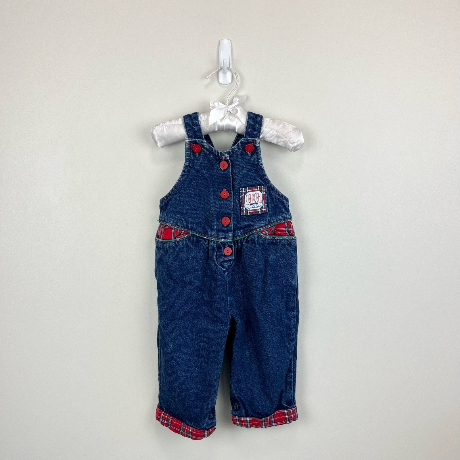 Vintage OshKosh B'gosh Blue Jean Plaid Overalls 18 Months USA