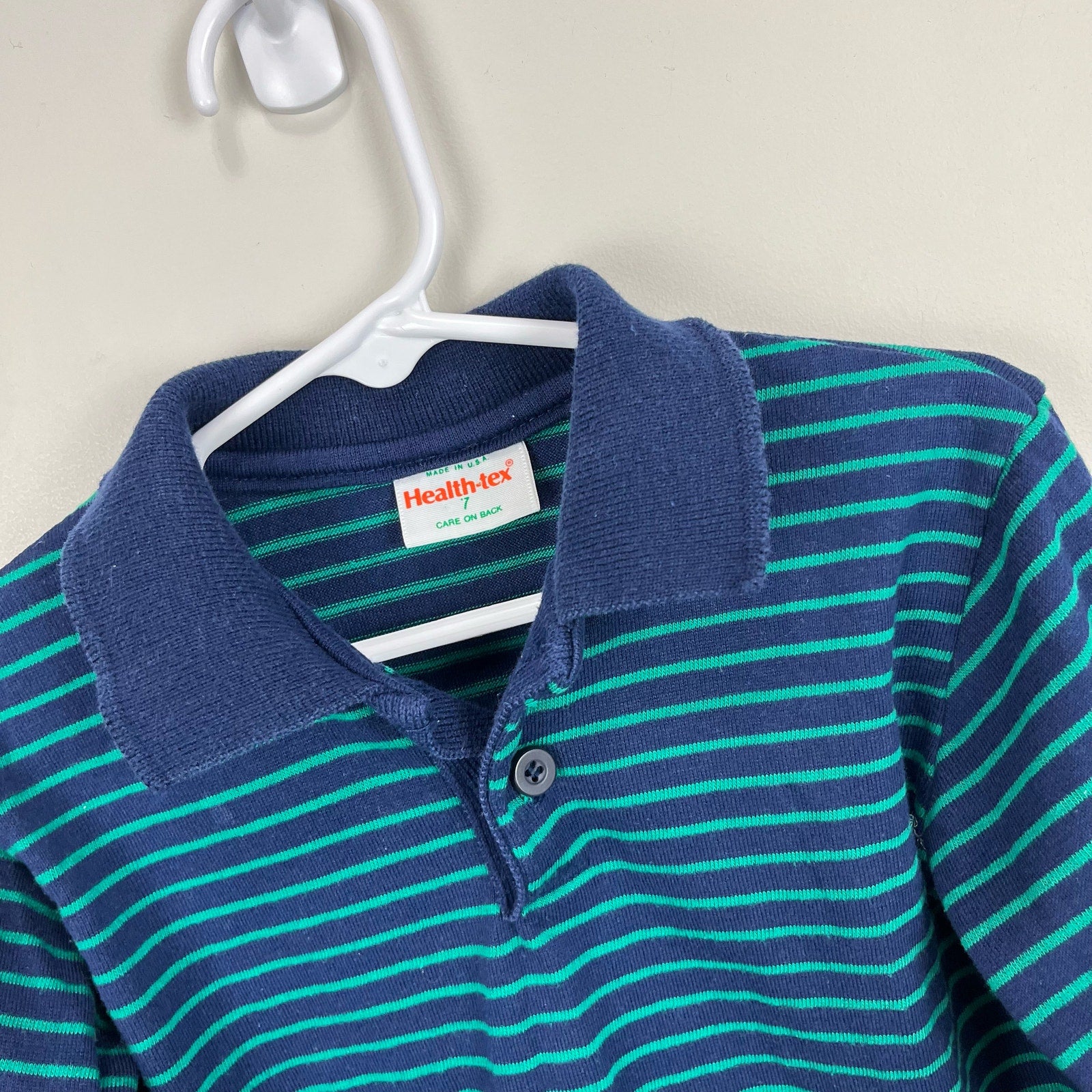 Vintage Healthtex Navy & Green Striped Polo Shirt 7 USA