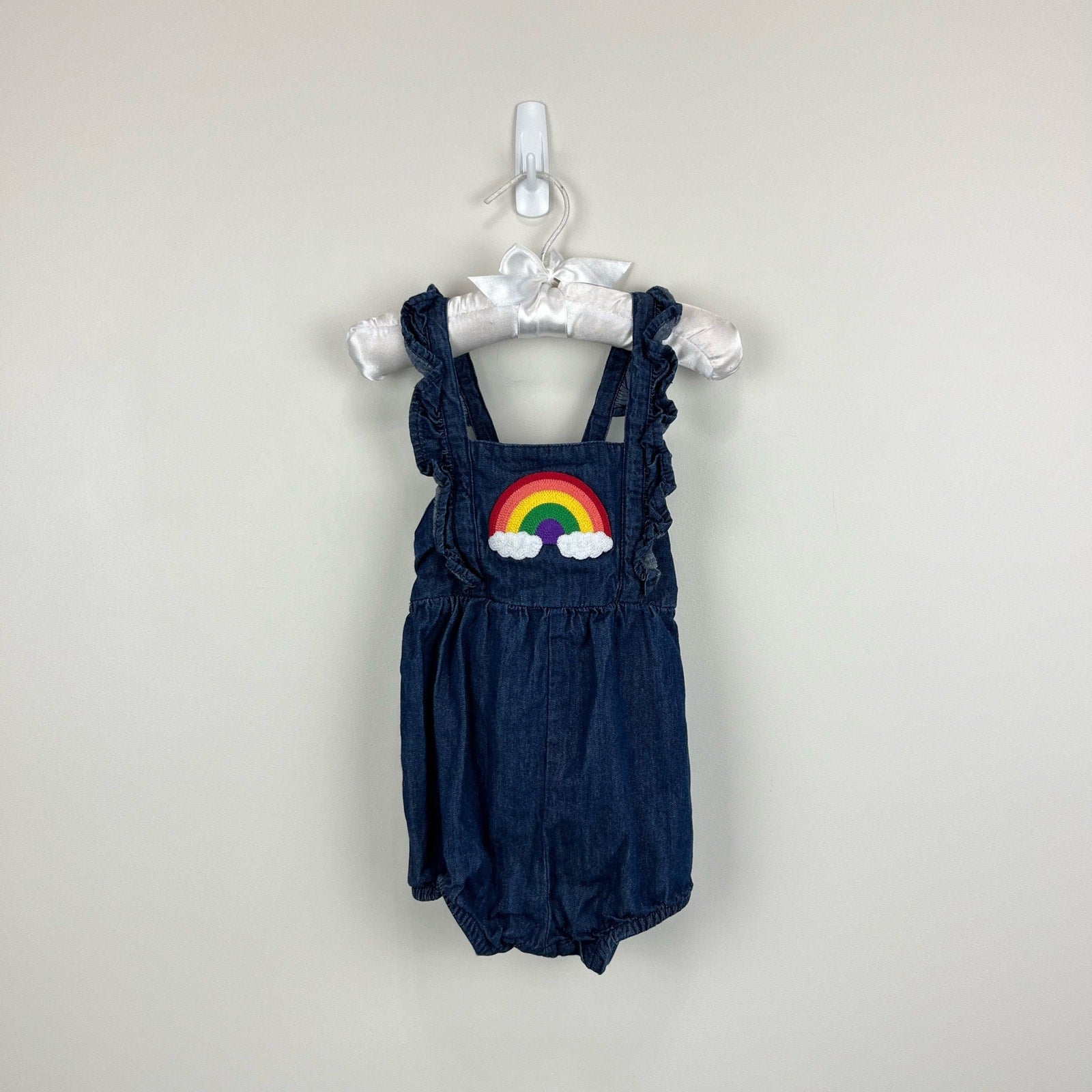 Hanna Andersson Ruffle Rainbow Denim Shortall Romper 80 cm 18-24 Months