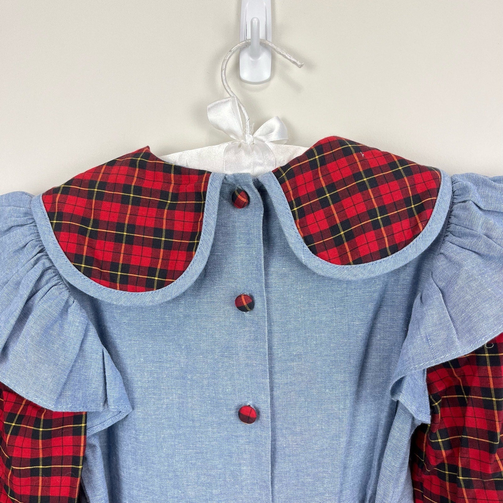 Vintage Polly Flinders Chambray Ruffle Plaid Dress 6