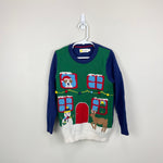 Load image into Gallery viewer, Mini Boden Festive Graphic Crew Sweater Highland Green Sprout House 6-7
