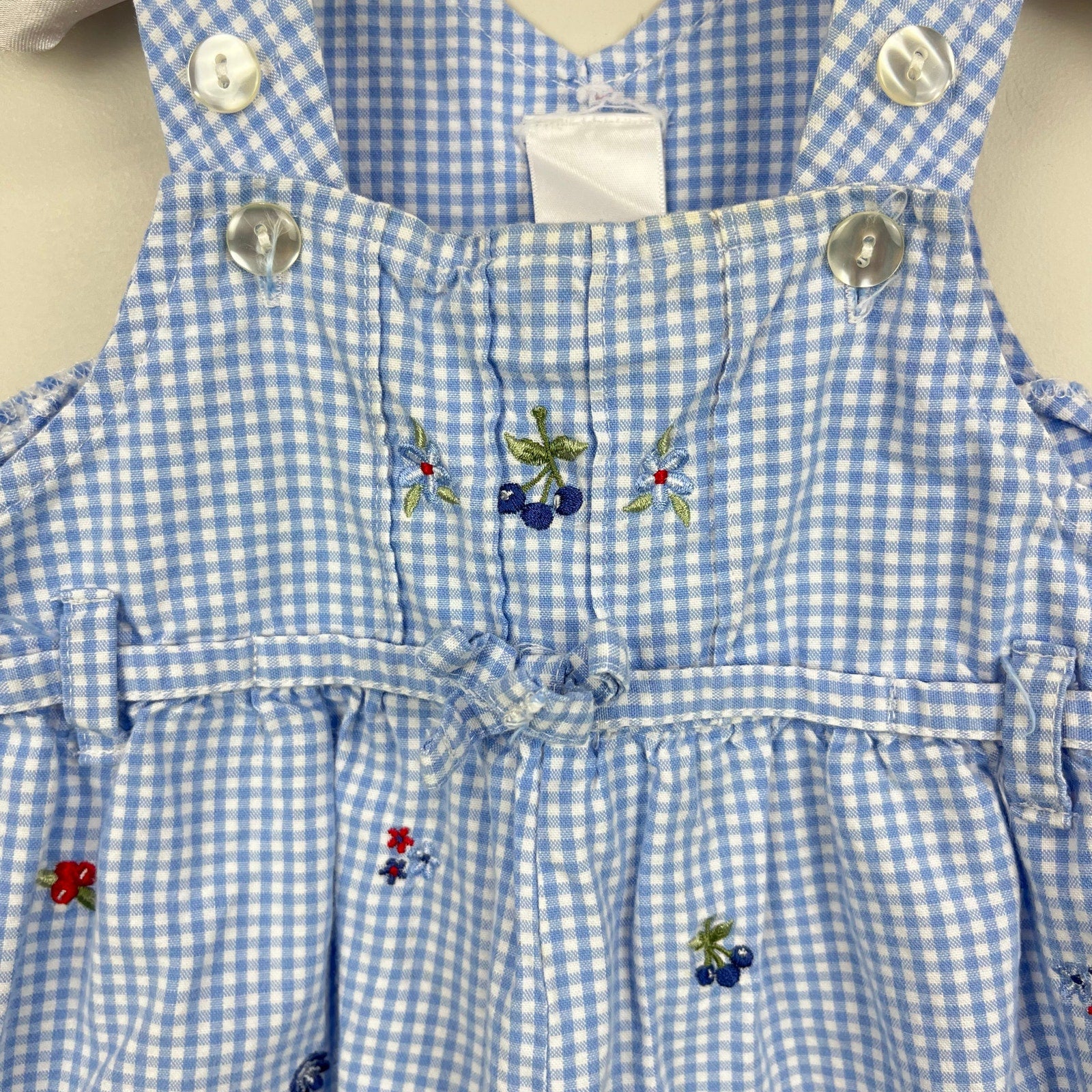 Vintage Mufflings Blue Gingham Fruit & Flower Overalls 9 Months