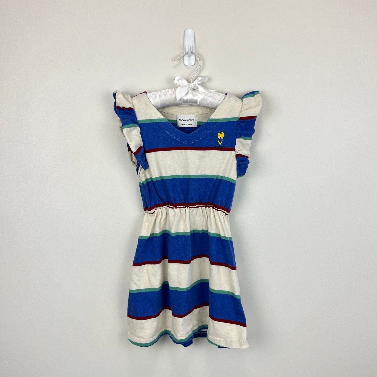 Bobo Choses Embroidered Logo Striped Jersey Ruffle Dress Blue 110 cm 4-5