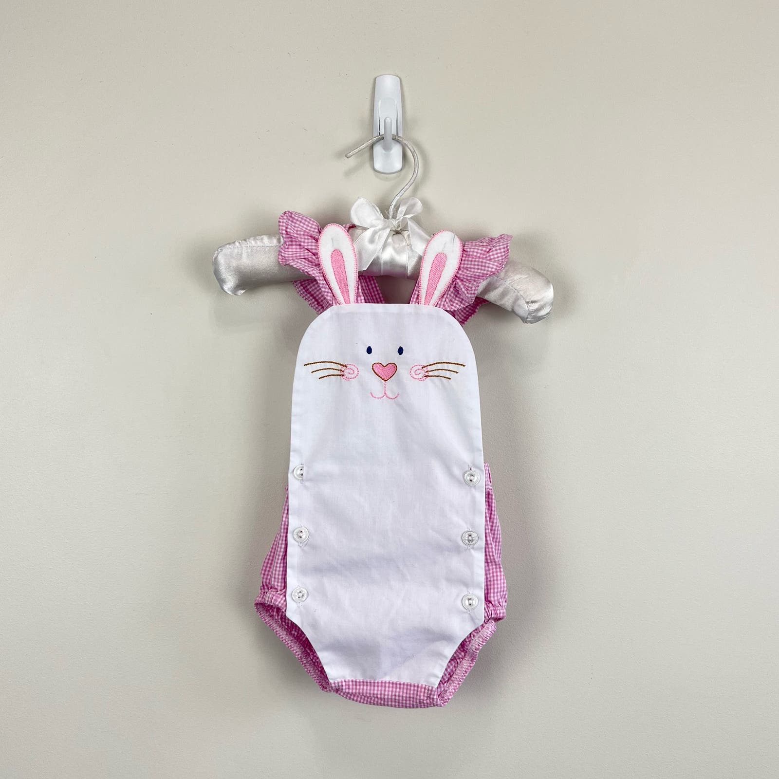 Will'Beth Pink Gingham Bunny Sun Suit Romper 0 Months