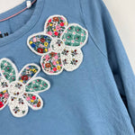 Load image into Gallery viewer, Mini Boden Long Sleeve Blue Patchwork Flower Applique Jersey T-Shirt 5-6
