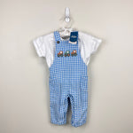 Load image into Gallery viewer, JoJo Maman Bebe Blue 2-Piece Tractor Gingham Dungarees &amp; T-Shirt Set 3-6 Months NWT
