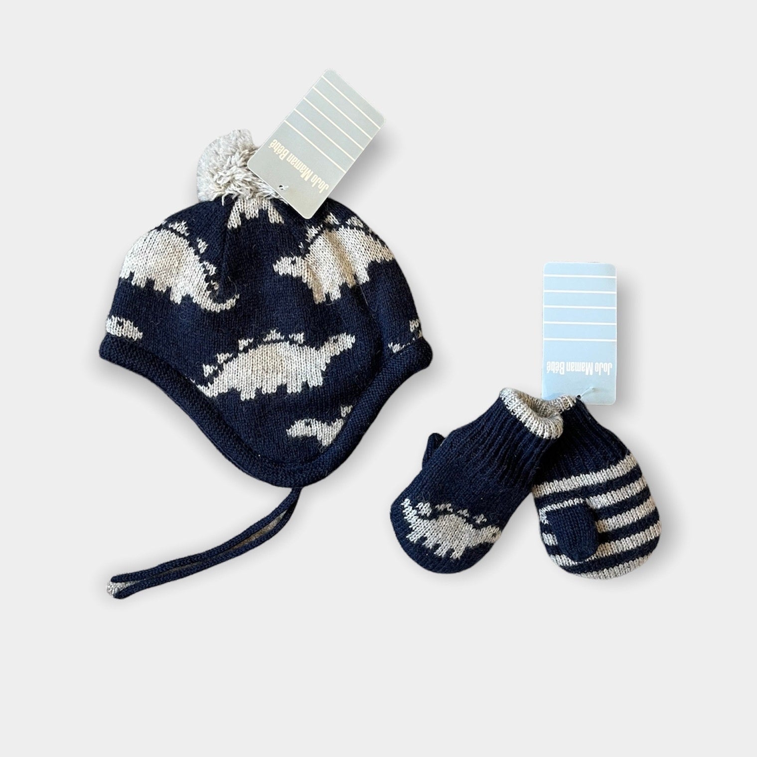 JoJo Maman Bebe Navy Dinosaur Hat & Mittens Set 0-12 Months NWT