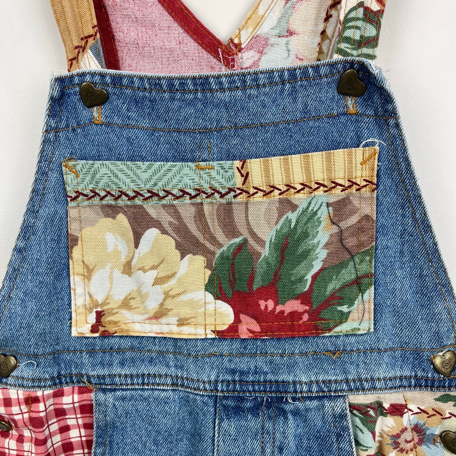 Vintage SWAT Kids Floral Patch Denim Shortalls 7 USA