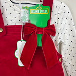 Load image into Gallery viewer, Sesame Street Elmo Red Corduroy Jumper Dress Set w/ Bow 18 Months NWT
