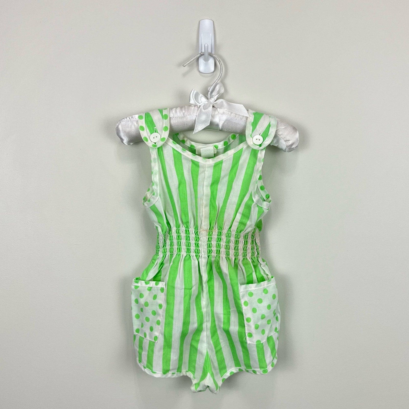 Vintage Carrots Green Polka Dot Stripe Romper 18 Months USA