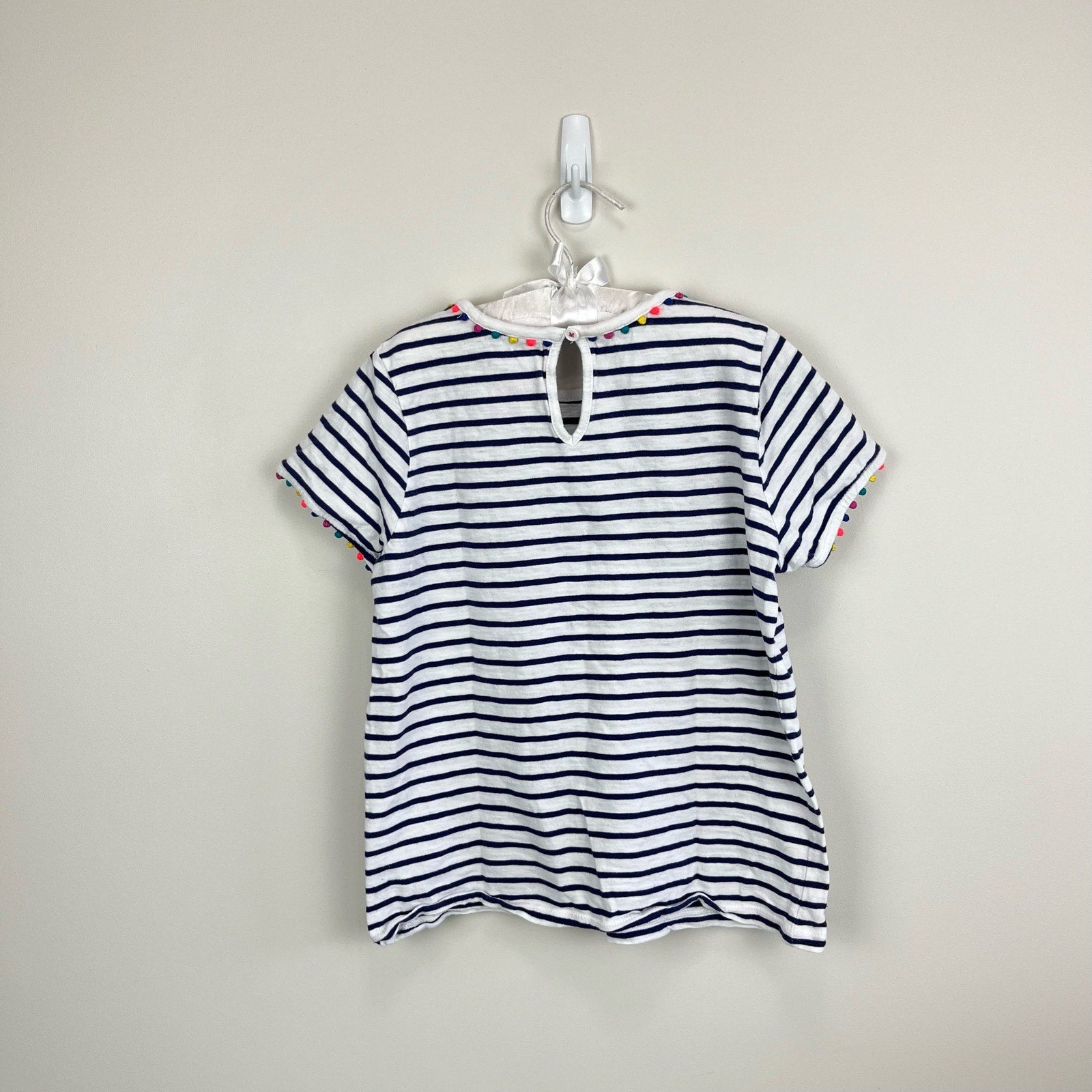 Mini Boden Charlie Navy Stripe Pom Pom Tee 9-10