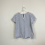 Load image into Gallery viewer, Mini Boden Charlie Navy Stripe Pom Pom Tee 9-10
