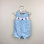 Load image into Gallery viewer, The Bailey Boys Smocked Blue Sailboat Jon Jon Romper 12 Months
