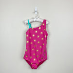 Load image into Gallery viewer, Mini Boden One Shoulder Swimsuit Tickled Pink Gold Foil Suns 9-10
