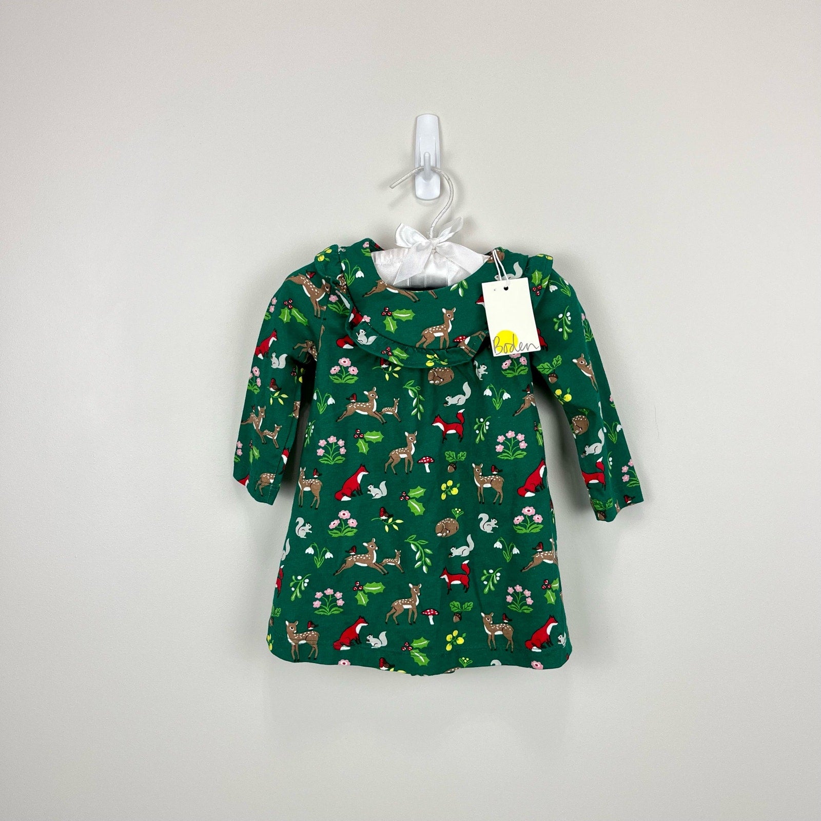 Mini Boden Shady Green Festive Woodland Ruffle Jersey Dress 3-6 Months NWT