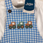 Load image into Gallery viewer, JoJo Maman Bebe Blue 2-Piece Tractor Gingham Dungarees &amp; T-Shirt Set 3-6 Months NWT
