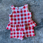 Load image into Gallery viewer, Janie &amp; Jack Island Punch Gingham Peplum Top and Ponte Short 6-12 Months
