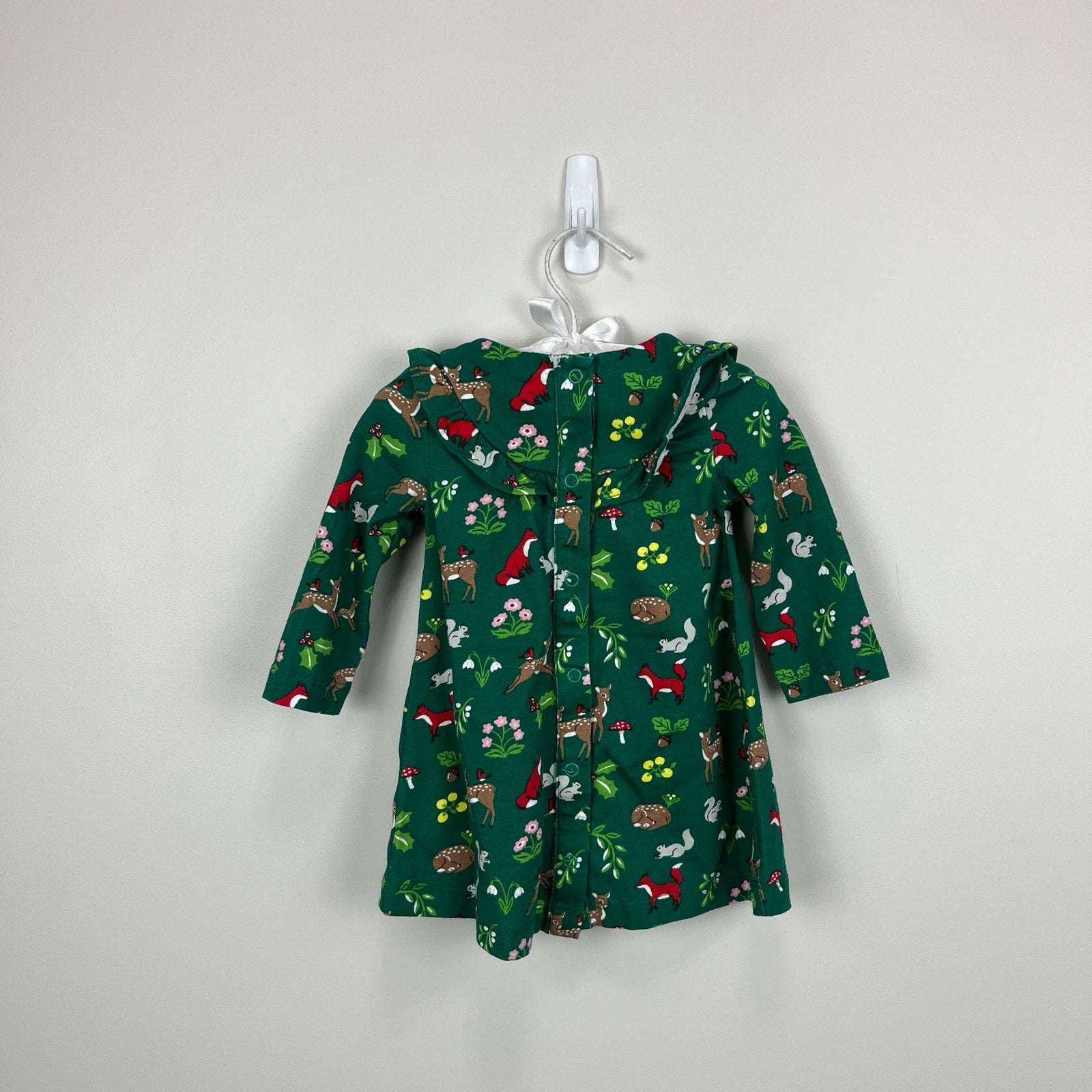 Mini Boden Shady Green Festive Woodland Ruffle Jersey Dress 3-6 Months NWT