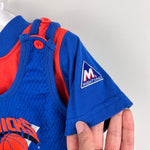 Load image into Gallery viewer, Vintage Mighty-Mac Knicks Basketball Romper Set Blue Orange 12 Months
