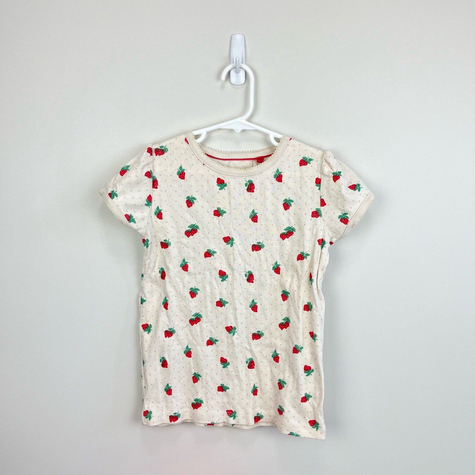 Mini Boden Short Sleeved Pointelle Top Ivory Strawberries 8-9