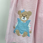 Load image into Gallery viewer, Vintage Samara Pink Seersucker Teddy Bear Bow Pinafore Dress 24 Months
