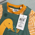 Load image into Gallery viewer, JoJo Maman Bebe Khaki Diplodocus 2-Piece Appliqué Dungarees &amp; T-Shirt Set 3-6 Months NWT

