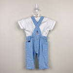 Load image into Gallery viewer, JoJo Maman Bebe Blue 2-Piece Tractor Gingham Dungarees &amp; T-Shirt Set 3-6 Months NWT
