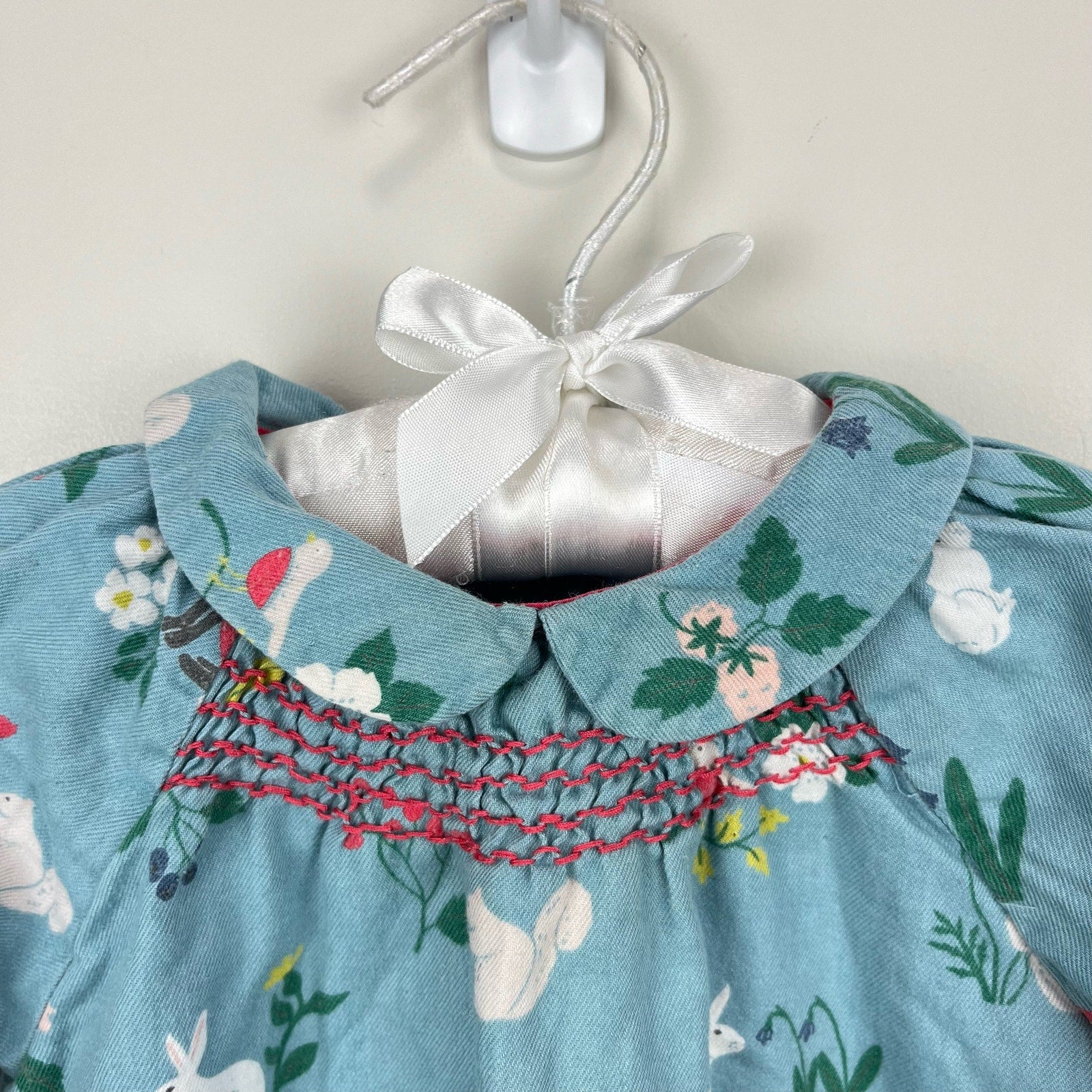 Mini Boden Smocked Blue Woodland Peter Pan Collar Dress 12-18 Months